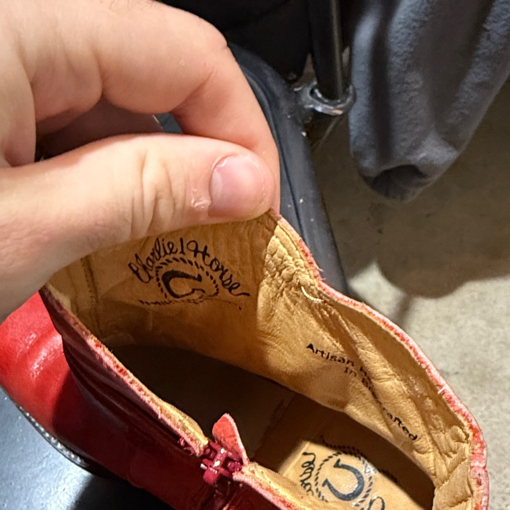 Charlie 1 Horse by Lucchese Red Ankle Boots Snip Toe Cowboy Zip - Picture 5 of 7